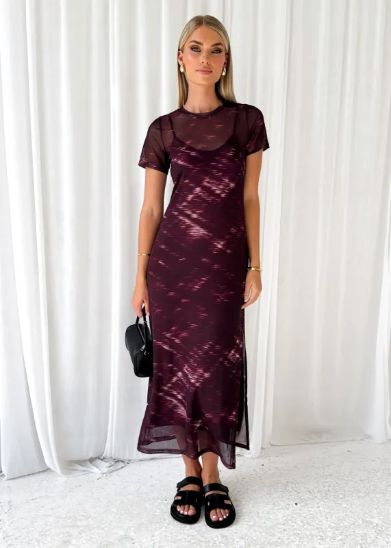 Kierra Mesh Midi Dress - Plum Tie Dye sold by Gingham & Heels