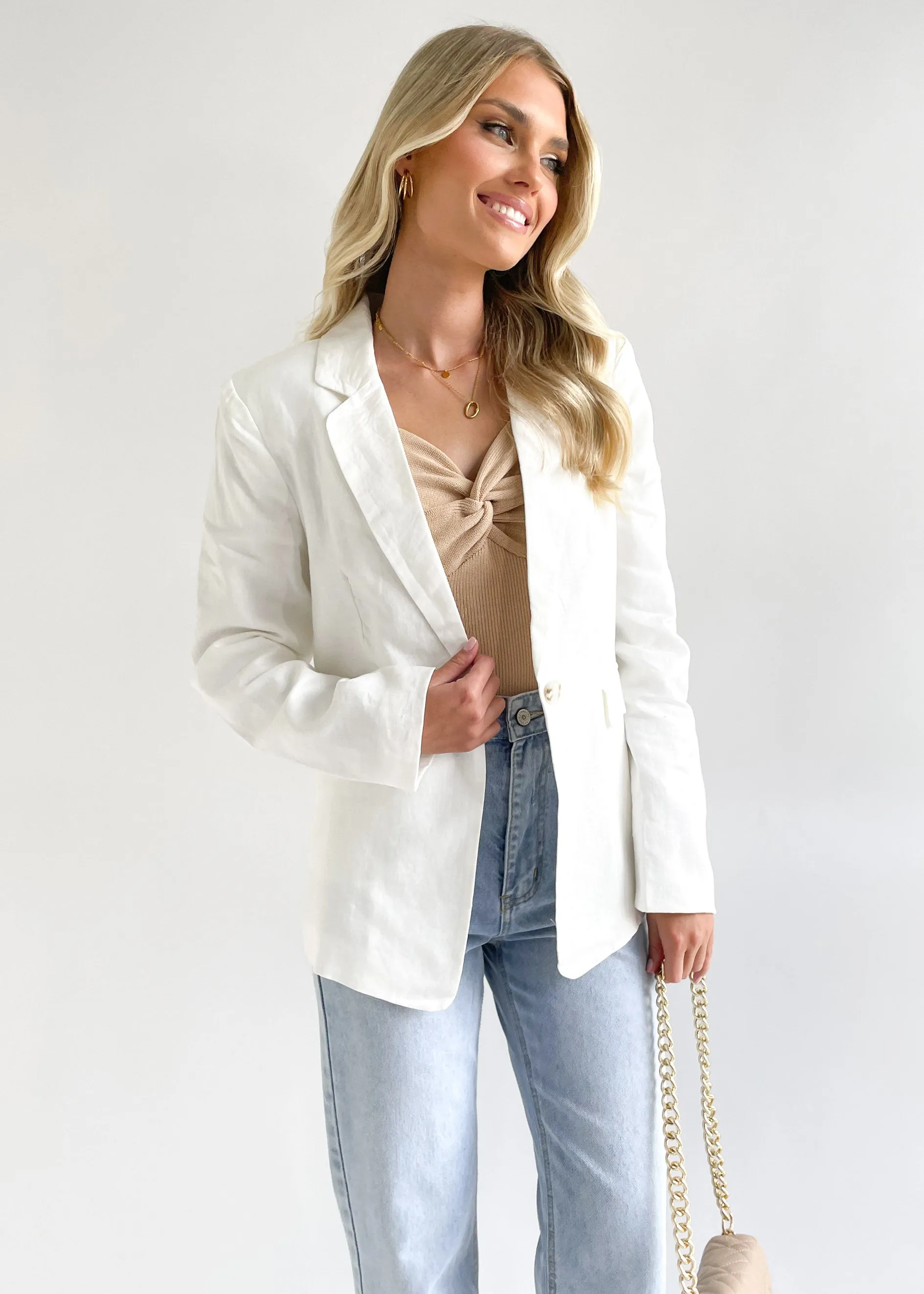 Adalee Linen Blazer - Off White sold by Gingham & Heels