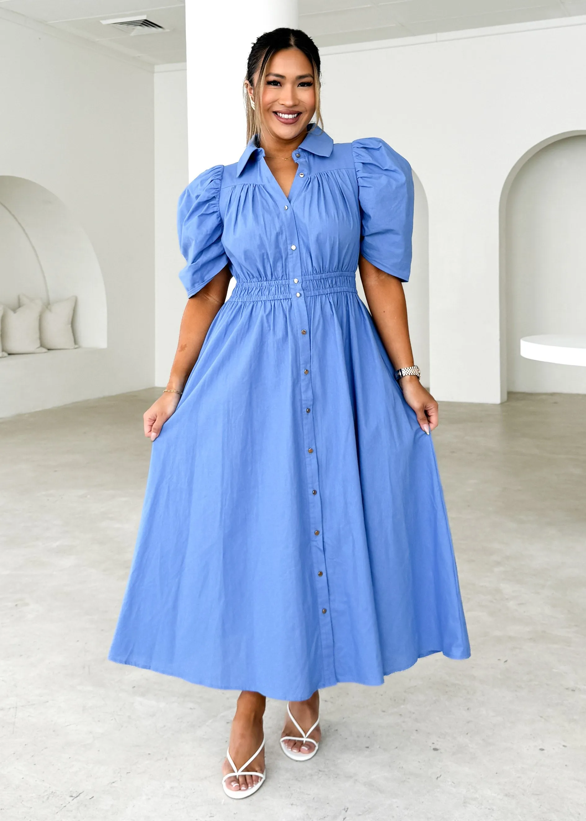 Ariana Midi Dress - Cornflower Blue sold by Gingham & Heels