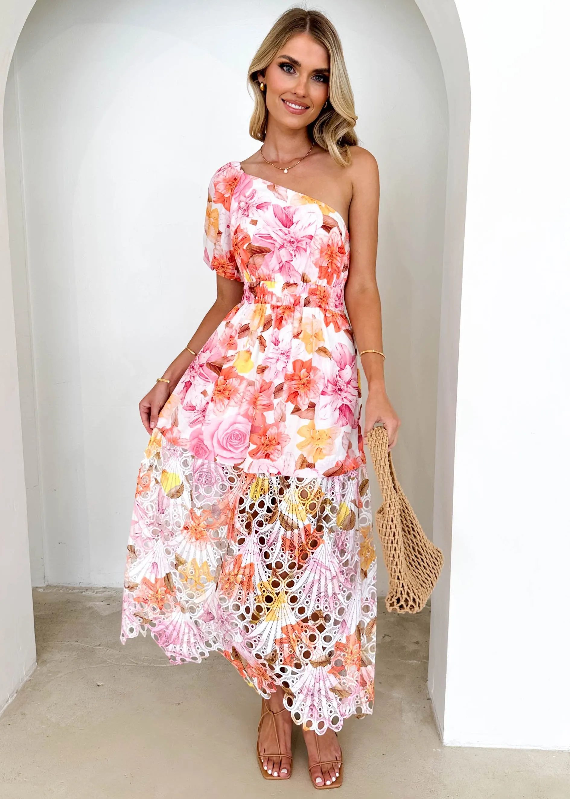 Pova One Shoulder Midi Dress - Pink Floral sold by Gingham & Heels product image thumbnail 3