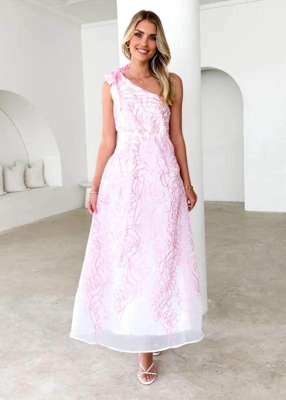 Amalfi One Shoulder Midi Dress - Pink Embroidered sold by Gingham & Heels