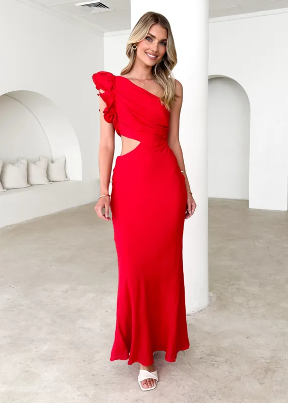 Azra One Shoulder Midi Dress - Scarlet sold by Gingham & Heels