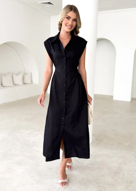 Makari Linen Midi Dress - Black sold by Gingham & Heels