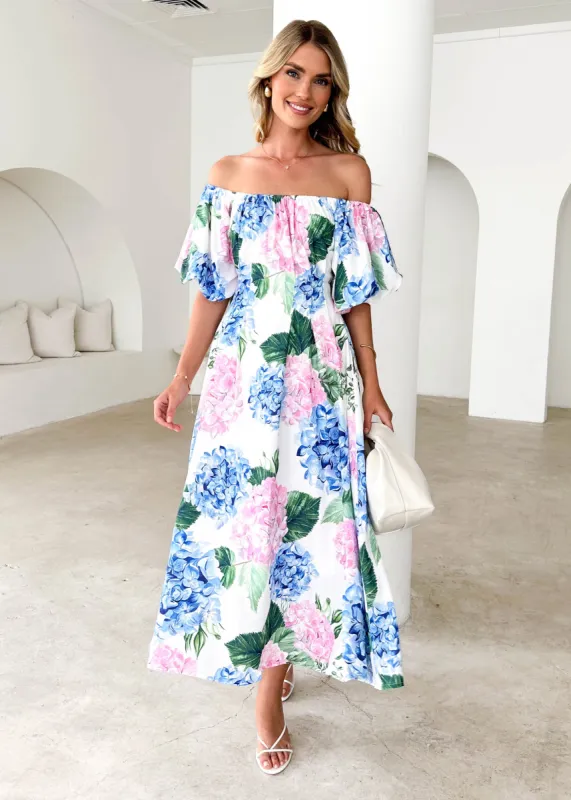 Nadia Off Shoulder Midi Dress - Blue Hydrangea sold by Gingham & Heels