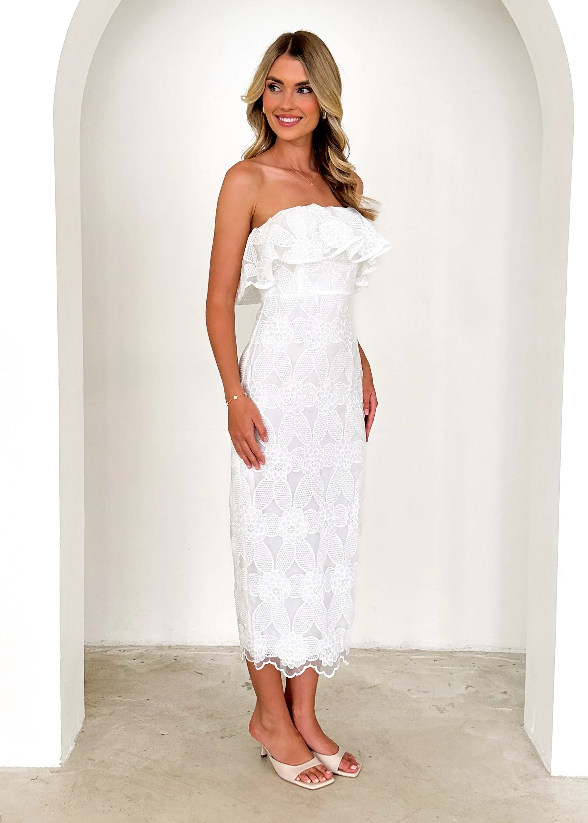 Zara Strapless Midi Dress - White Lace sold by Gingham & Heels product image thumbnail 4
