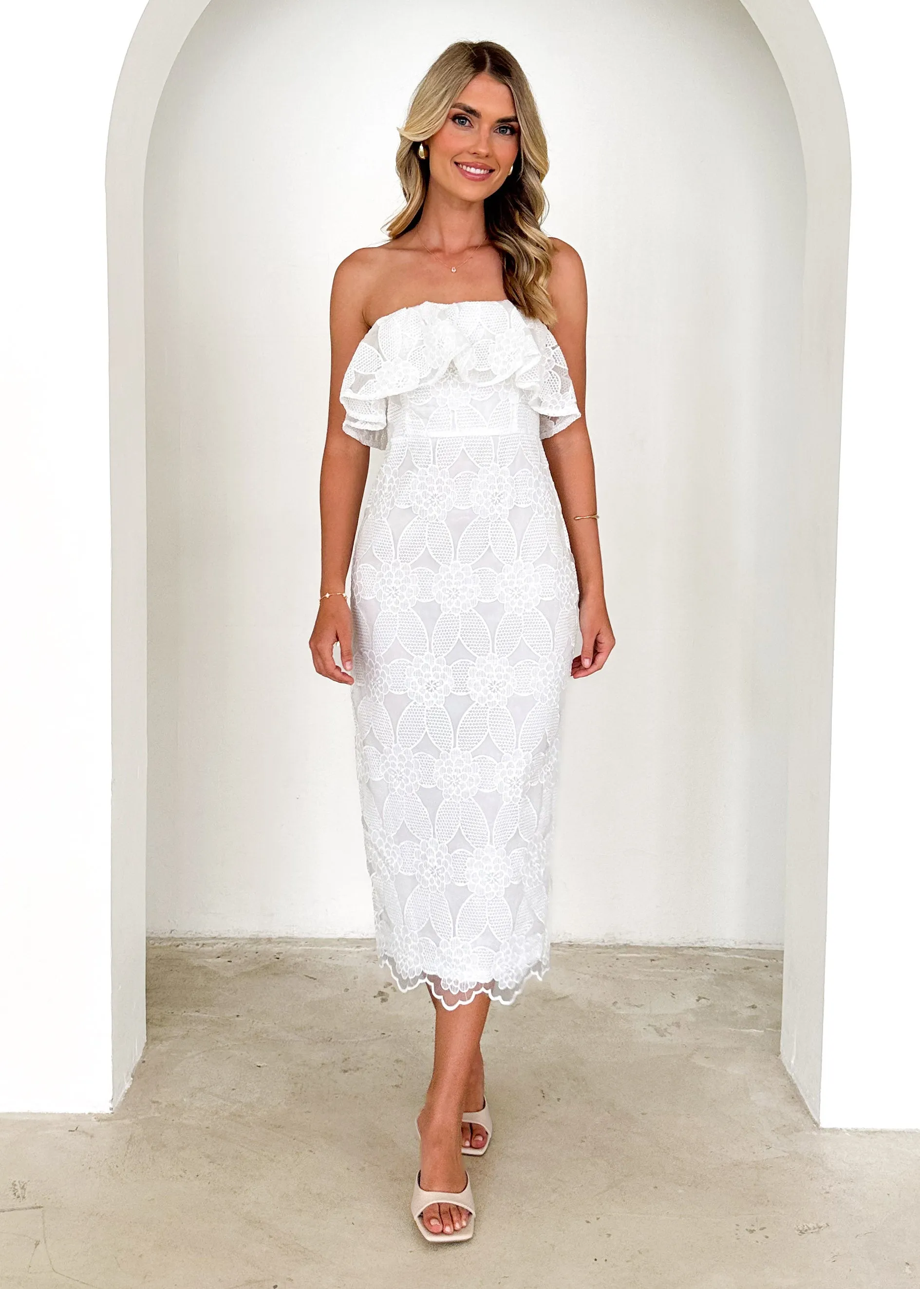 Zara Strapless Midi Dress - White Lace sold by Gingham & Heels product image thumbnail 3