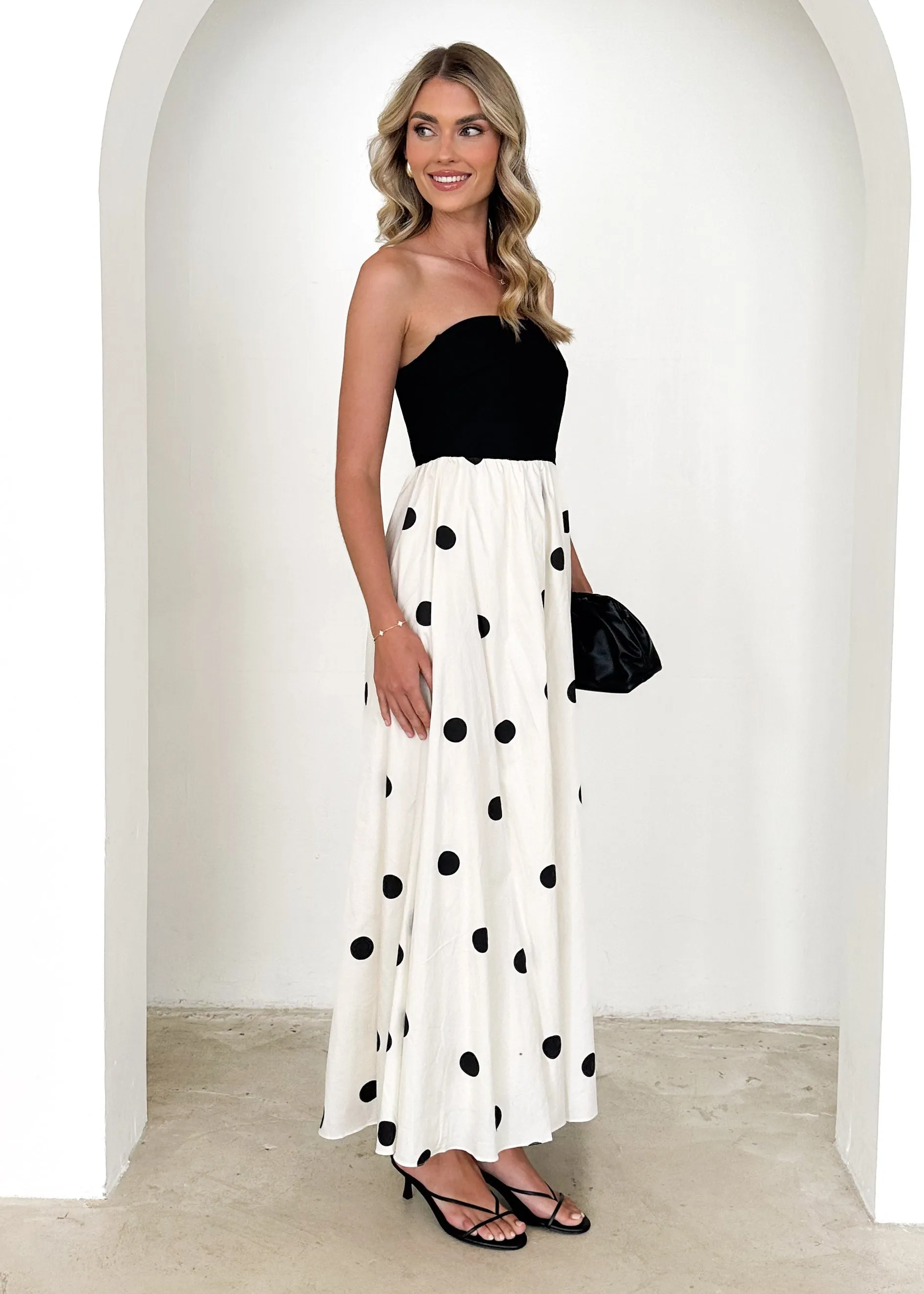 Nadya Strapless Maxi Dress - Black Polka sold by Gingham & Heels product image thumbnail 4