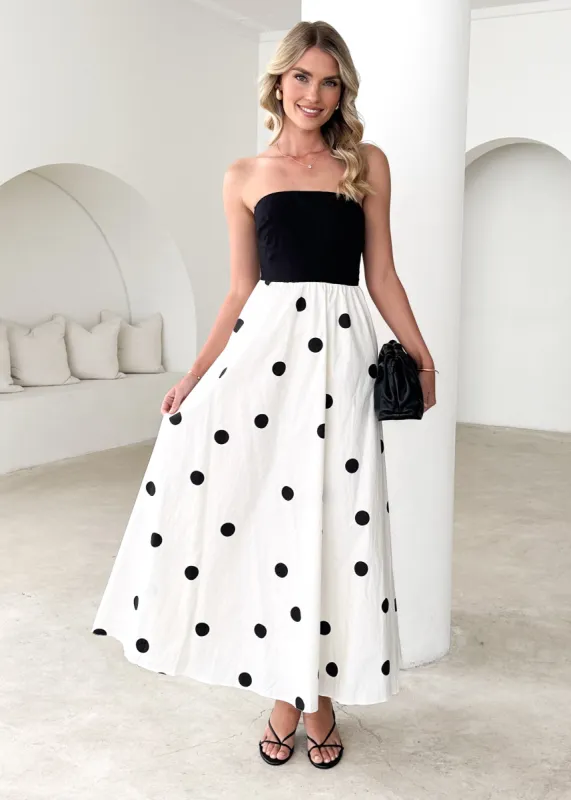 Nadya Strapless Maxi Dress - Black Polka sold by Gingham & Heels