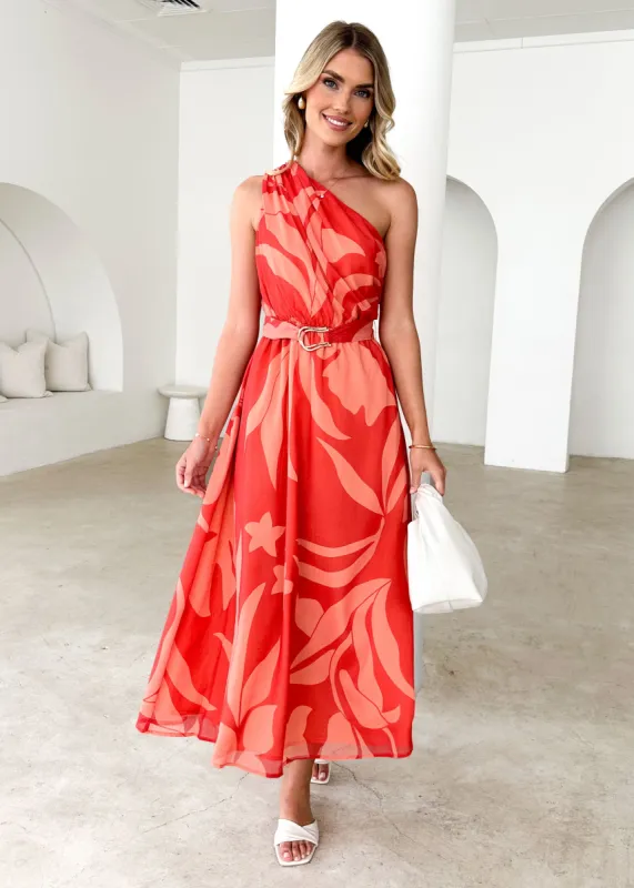 Dana One Shoulder Midi Dress - Coral Floral sold by Gingham & Heels