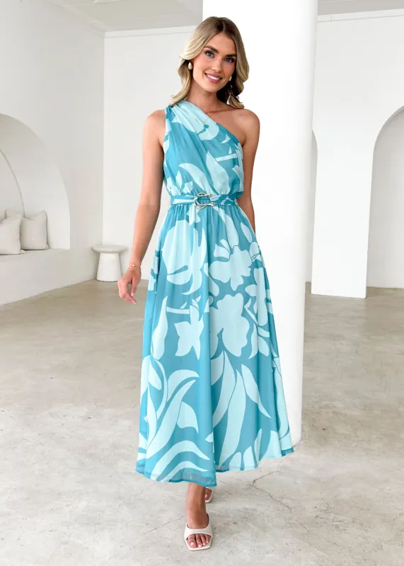 Dana One Shoulder Midi Dress - Teal Floral sold by Gingham & Heels