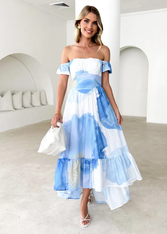 Salina Off Shoulder Midi Dress - Blue Flowers sold by Gingham & Heels