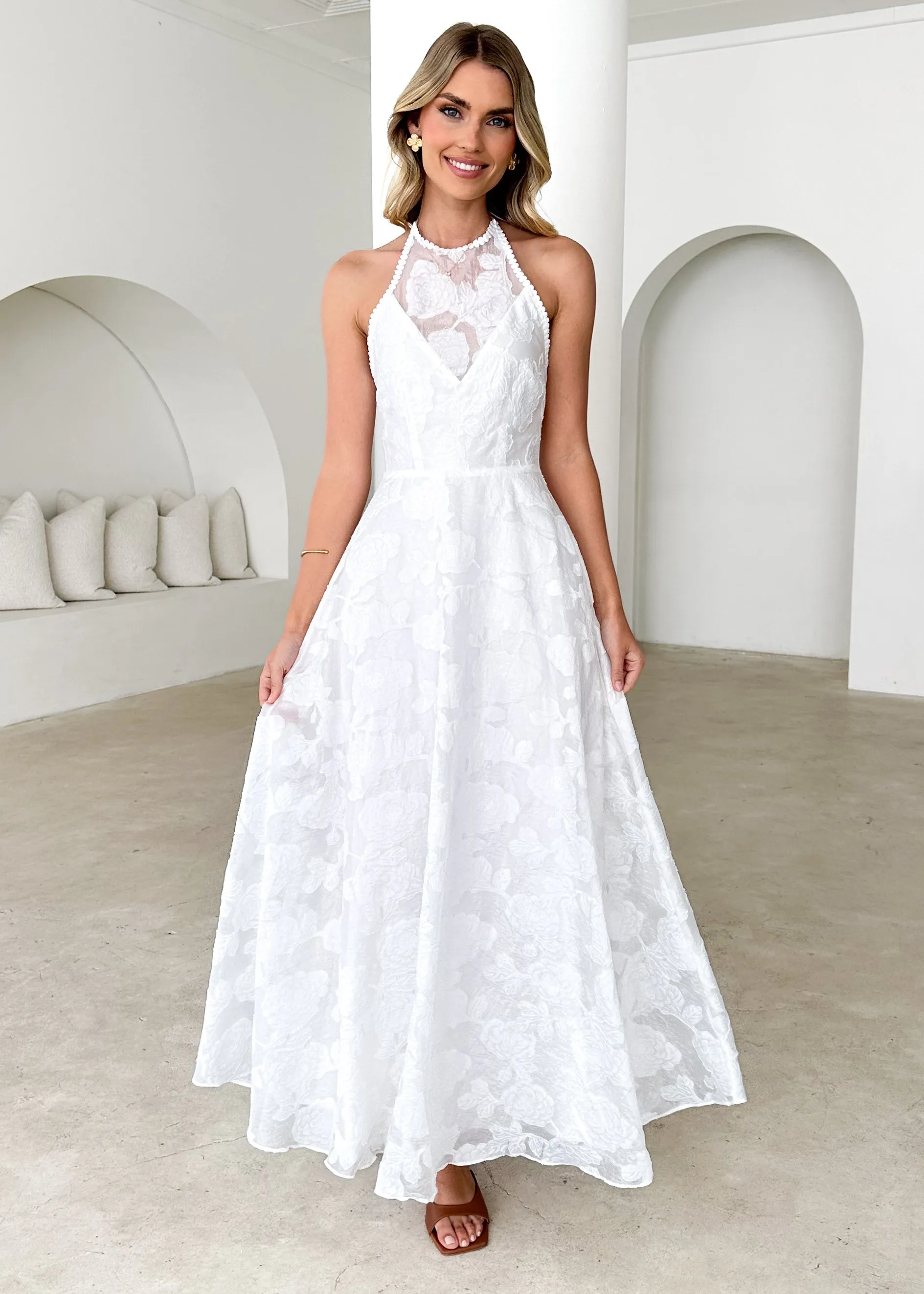 Yara Halter Maxi Dress - White Flowers sold by Gingham & Heels