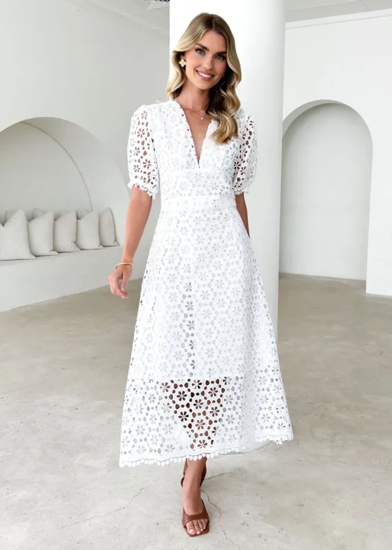 Jahra Lace Midi Dress - Off White sold by Gingham & Heels
