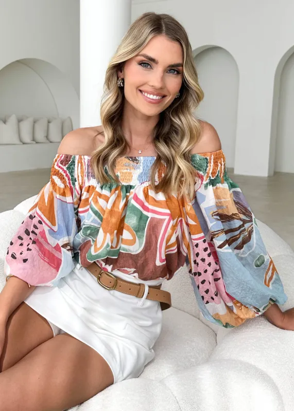 Farrah Off Shoulder Top - Tropical Blue sold by Gingham & Heels