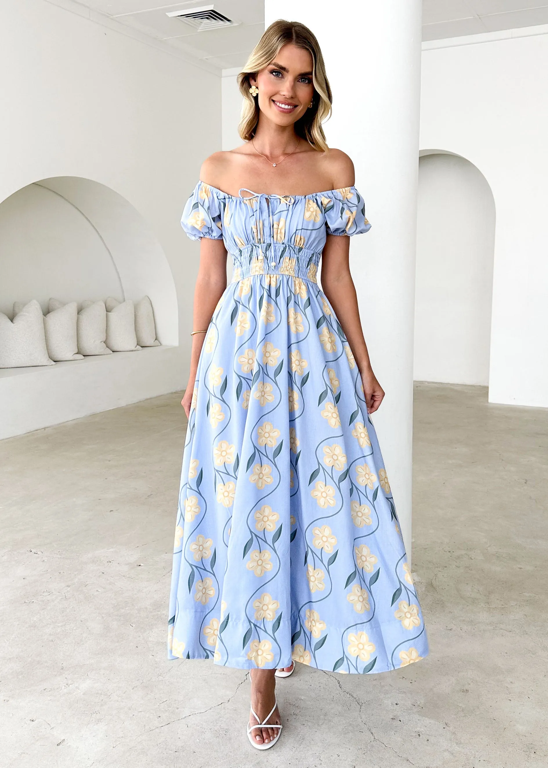 Maisie Maxi Dress - Blue Flowers sold by Gingham & Heels