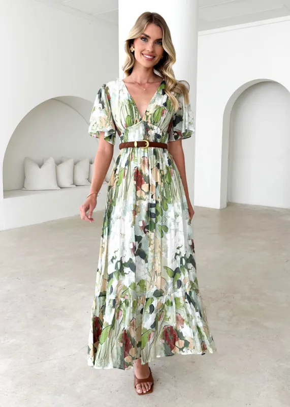 Cara Maxi Dress - Green Abstract sold by Gingham & Heels