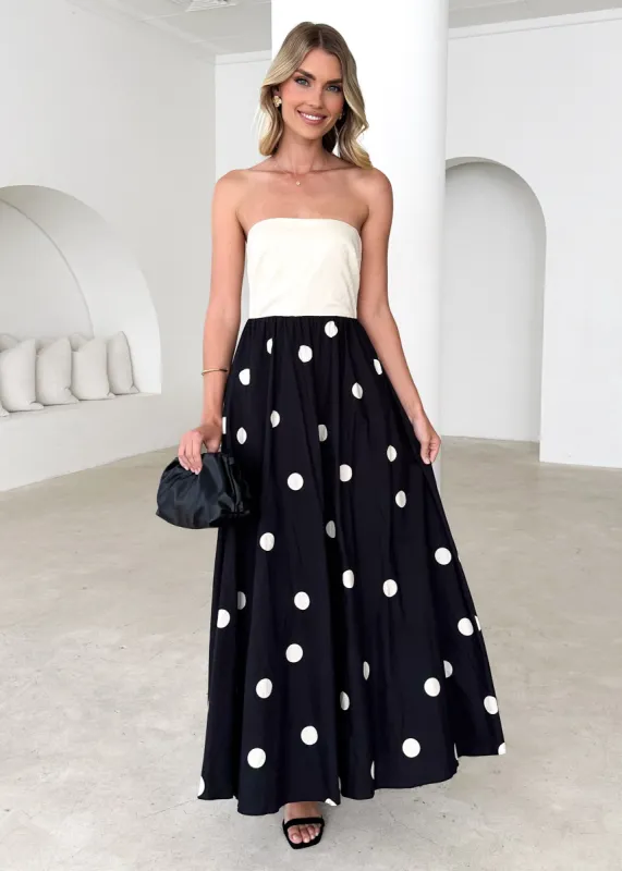 Nadya Strapless Maxi Dress - Cream Polka sold by Gingham & Heels