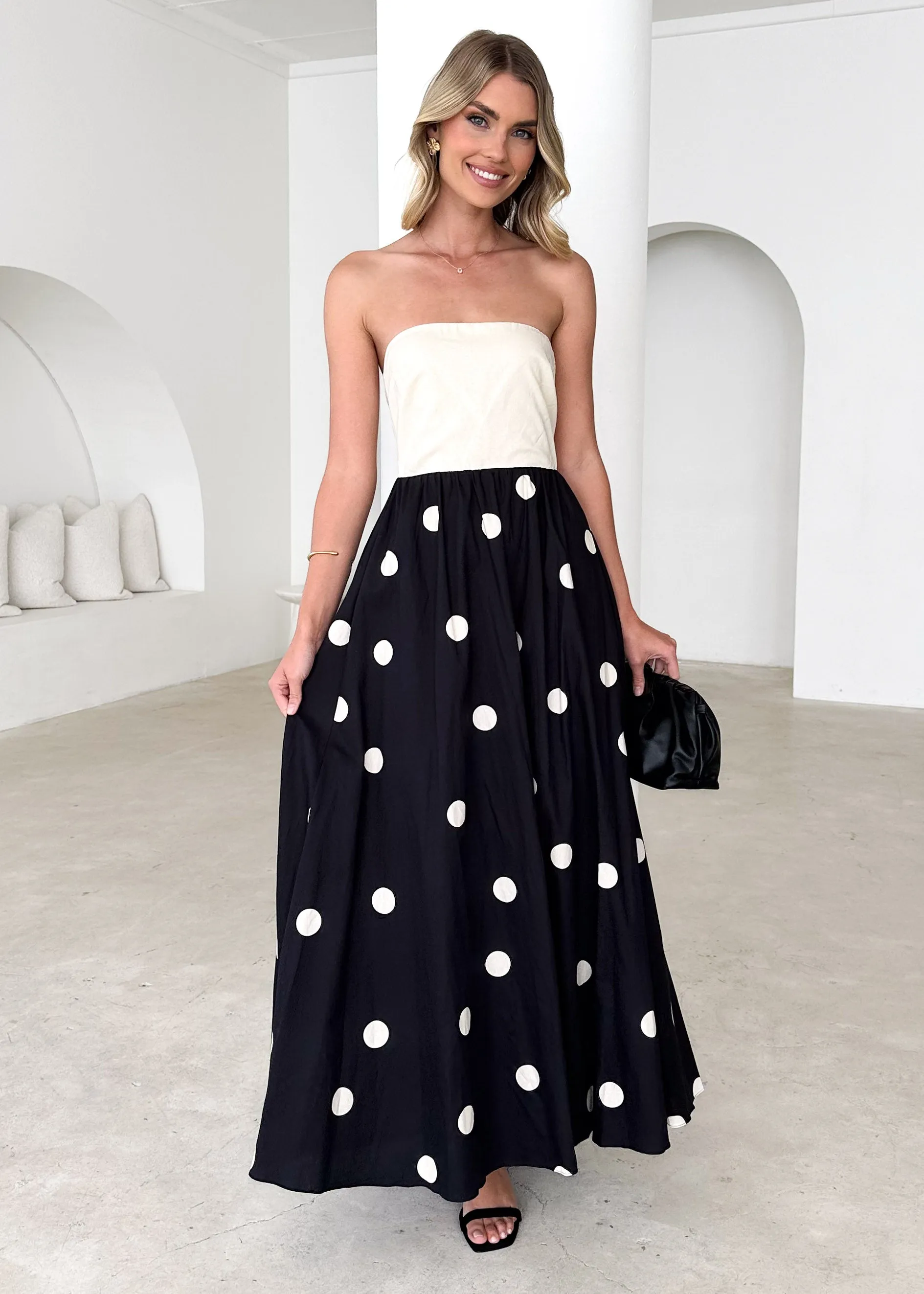 Nadya Strapless Maxi Dress - Cream Polka sold by Gingham & Heels product image thumbnail 2