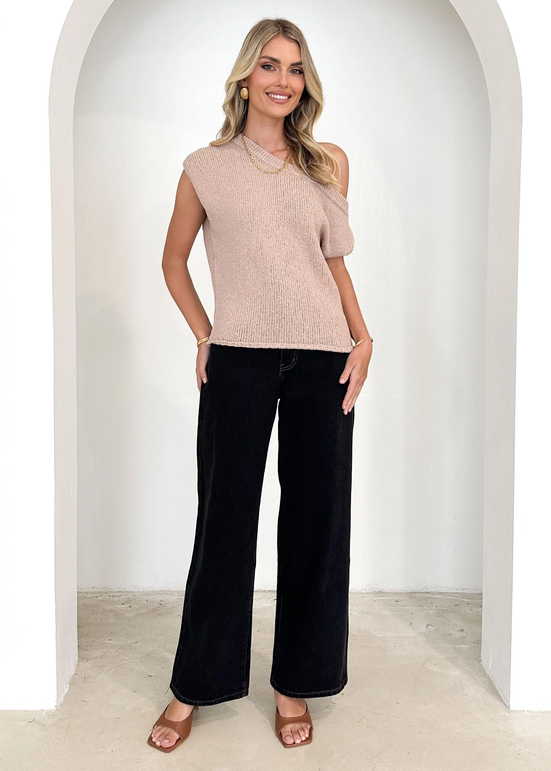 Casoni One Shoulder Knit Top - Natural sold by Gingham & Heels product image thumbnail 5