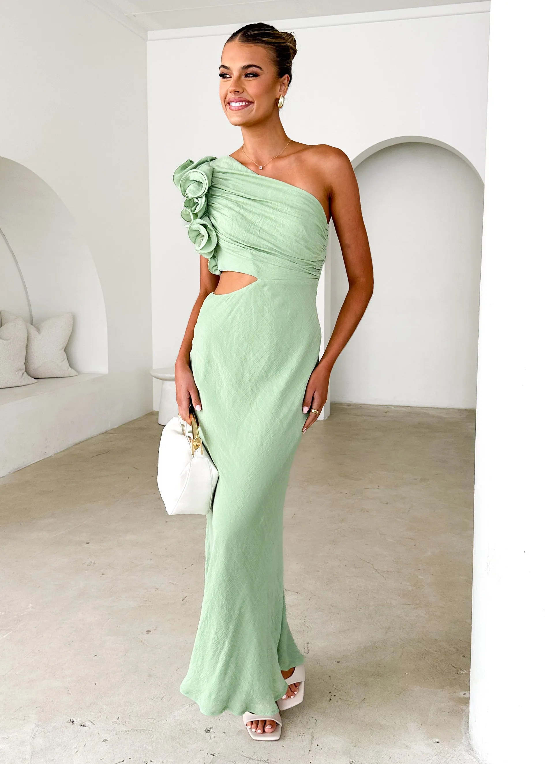 Azra One Shoulder Midi Dress - Sage sold by Gingham & Heels