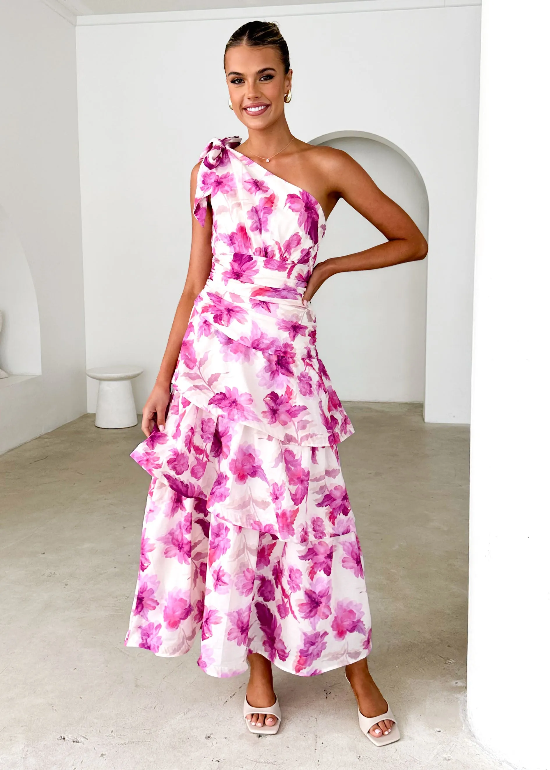 Anrielle One Shoulder Maxi Dress - Pink Flowers sold by Gingham & Heels