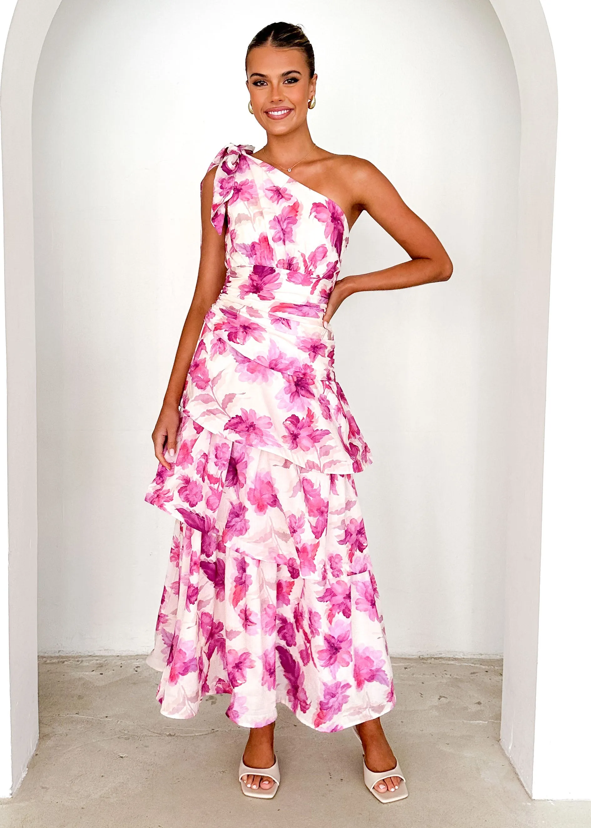 Anrielle One Shoulder Maxi Dress - Pink Flowers sold by Gingham & Heels product image thumbnail 3