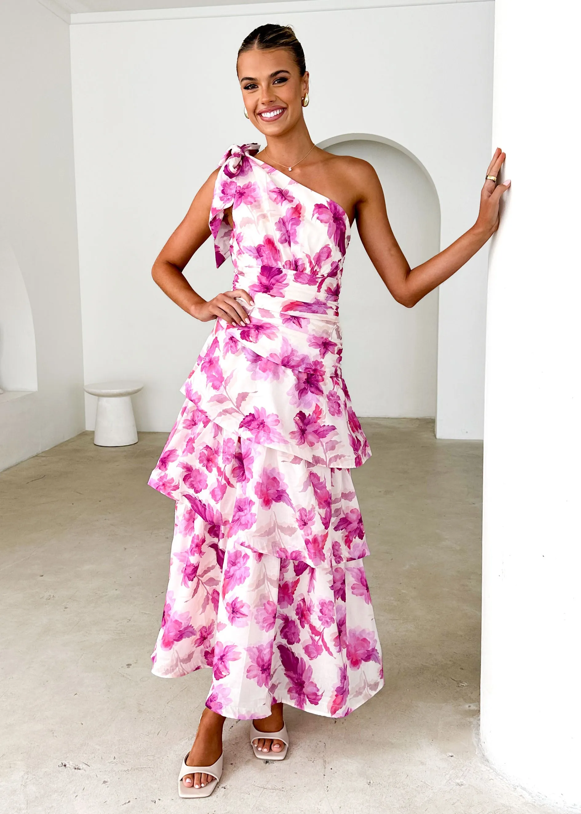Anrielle One Shoulder Maxi Dress - Pink Flowers sold by Gingham & Heels product image thumbnail 2