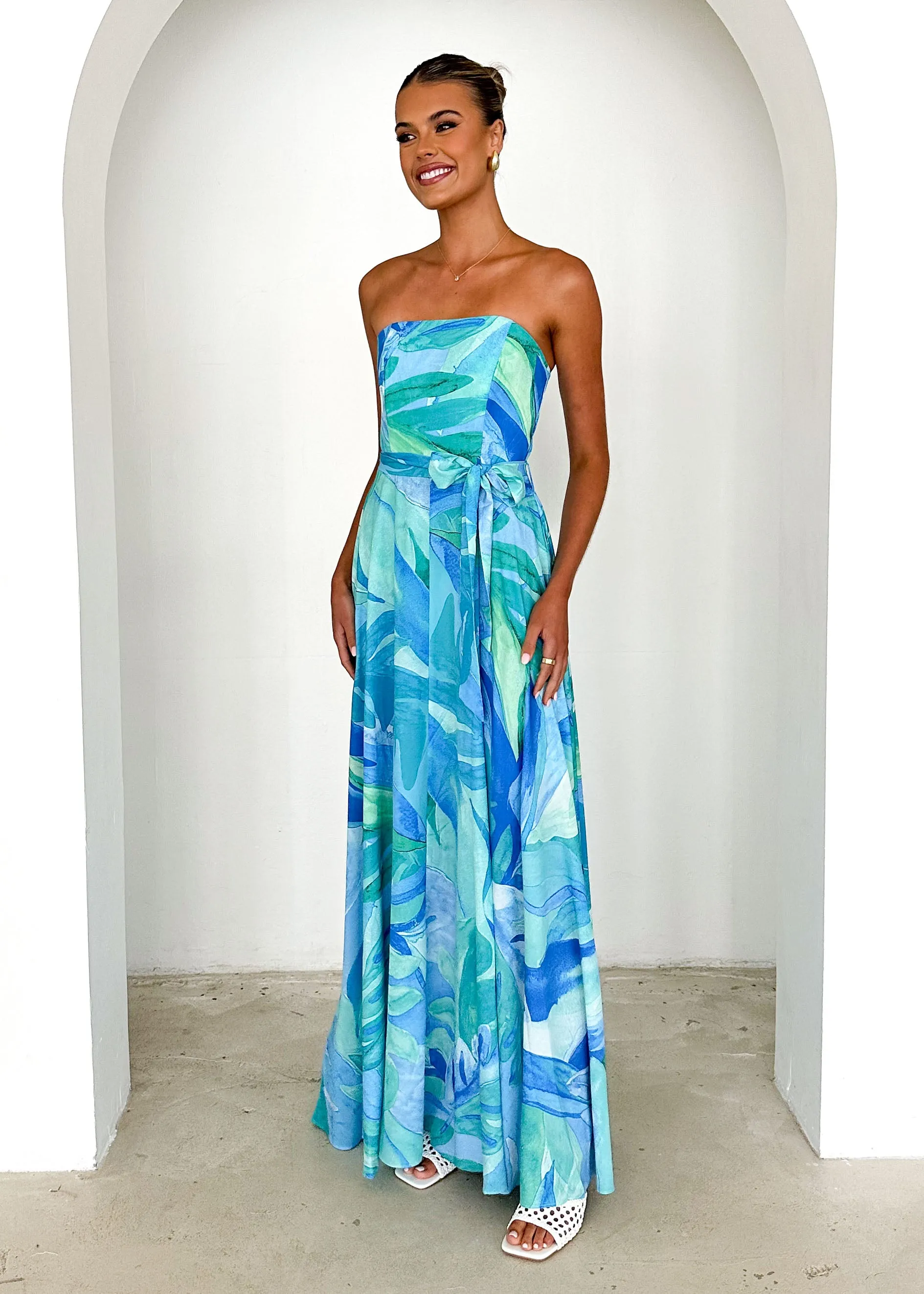 Jorgia Strapless Maxi Dress - Blue Abstract sold by Gingham & Heels product image thumbnail 4