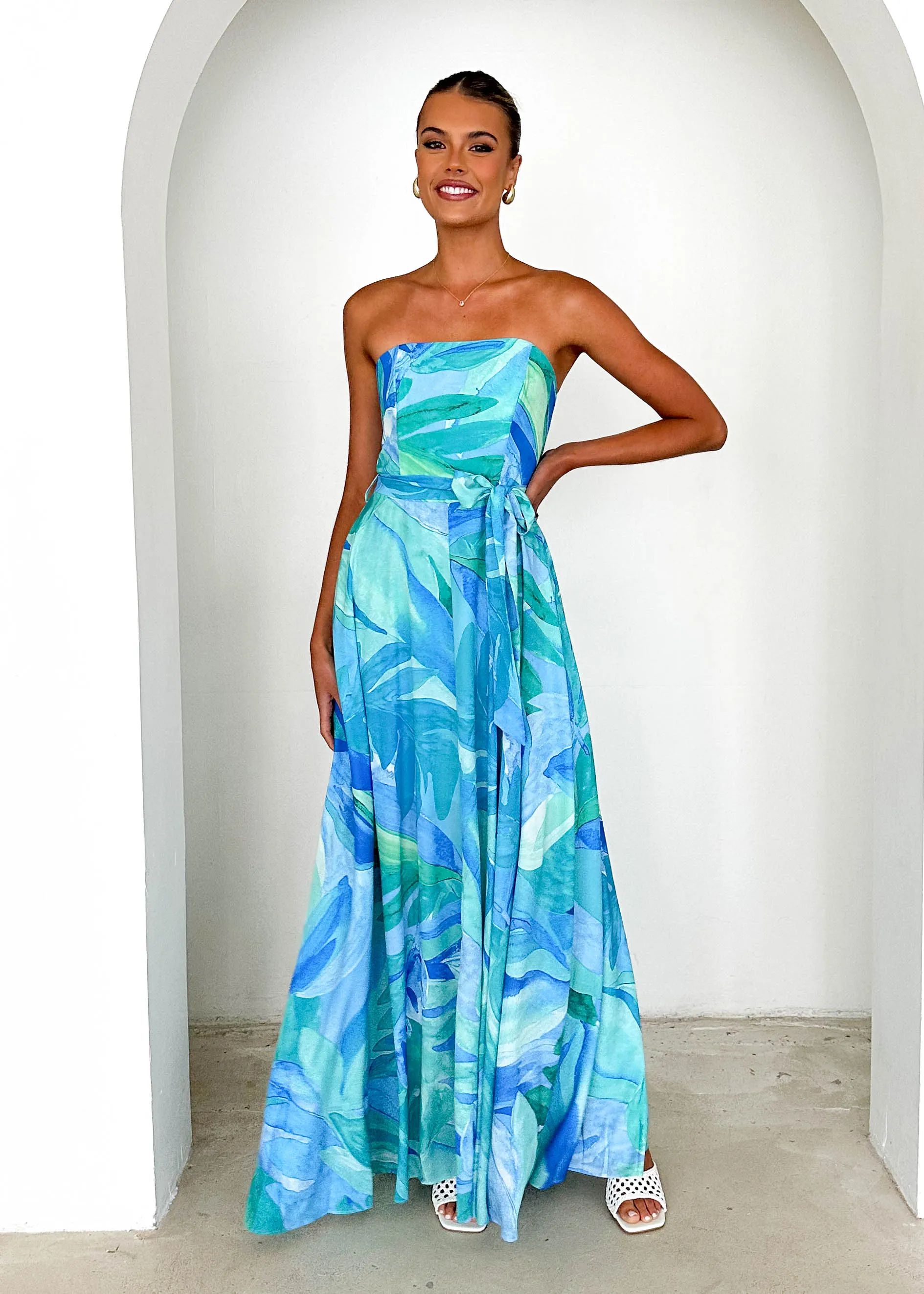 Jorgia Strapless Maxi Dress - Blue Abstract sold by Gingham & Heels product image thumbnail 3