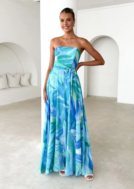 Jorgia Strapless Maxi Dress - Blue Abstract sold by Gingham & Heels