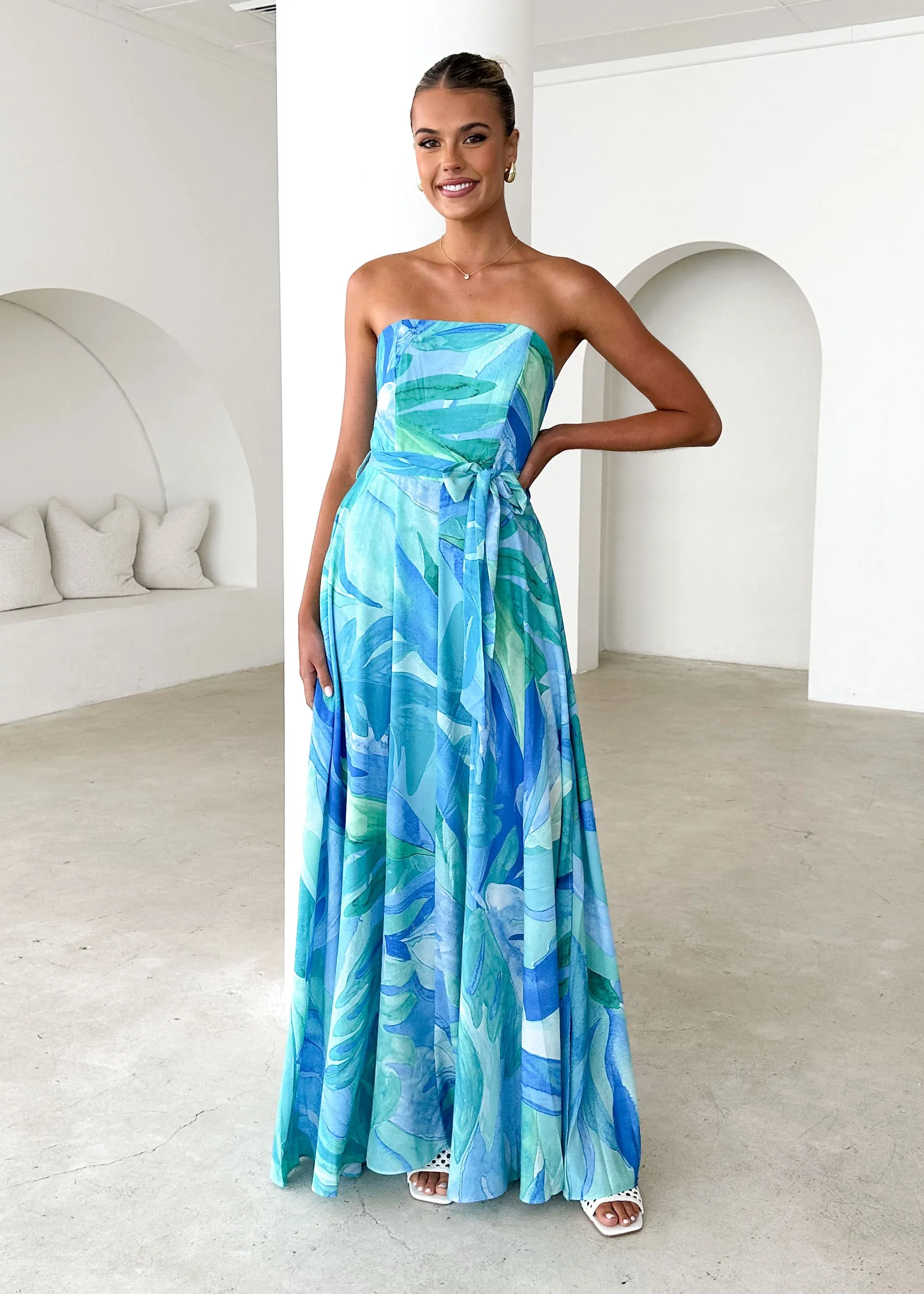 Jorgia Strapless Maxi Dress - Blue Abstract sold by Gingham & Heels