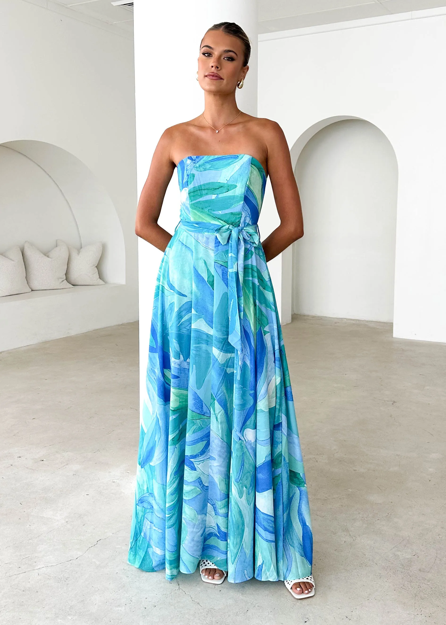 Jorgia Strapless Maxi Dress - Blue Abstract sold by Gingham & Heels product image thumbnail 2