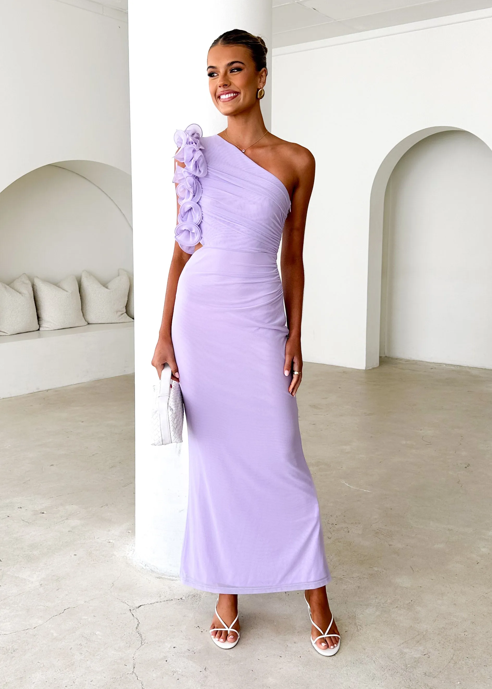 Oakes One Shoulder Mesh Maxi Dress - Lilac sold by Gingham & Heels product image thumbnail 3
