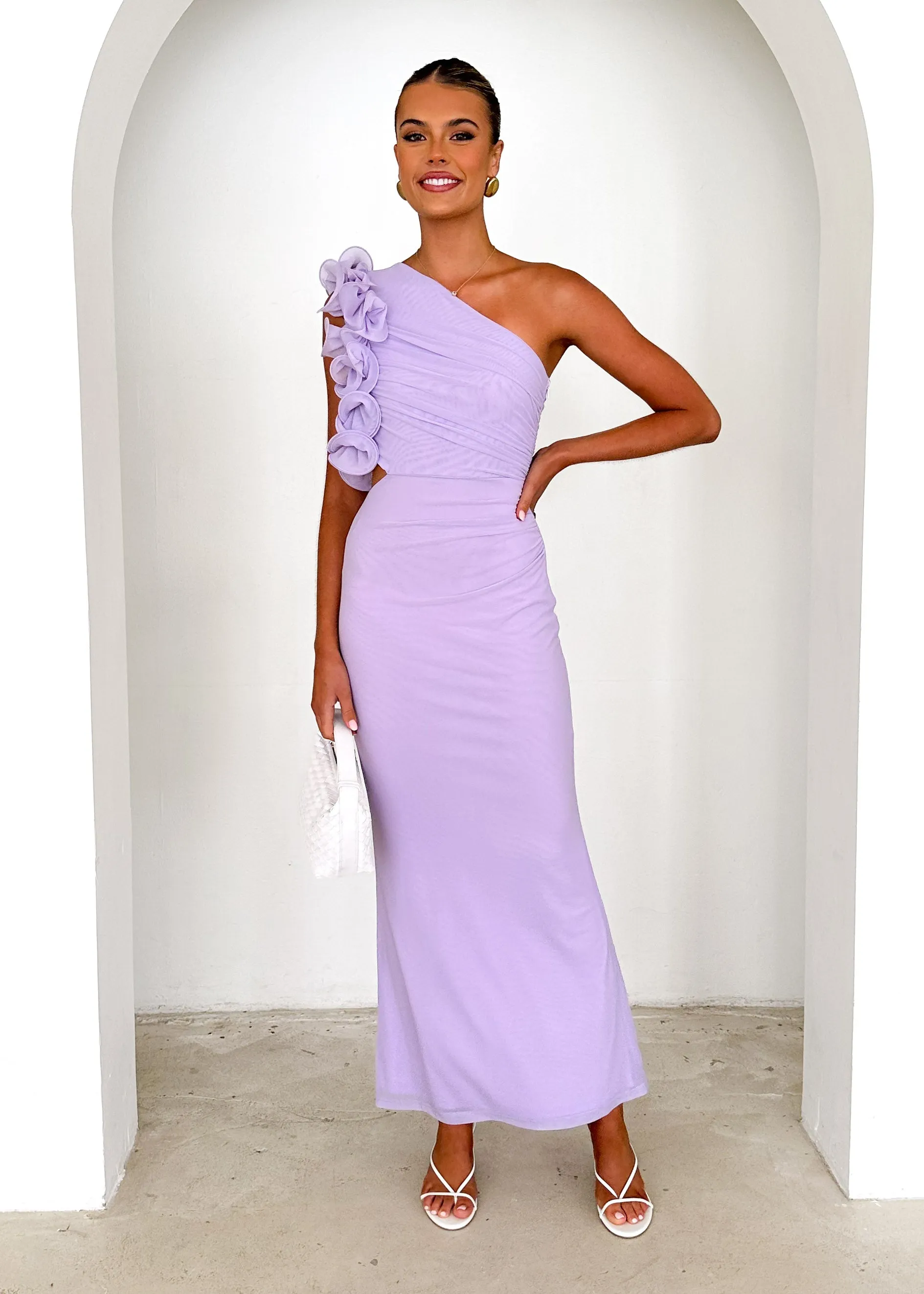 Oakes One Shoulder Mesh Maxi Dress - Lilac sold by Gingham & Heels product image thumbnail 4