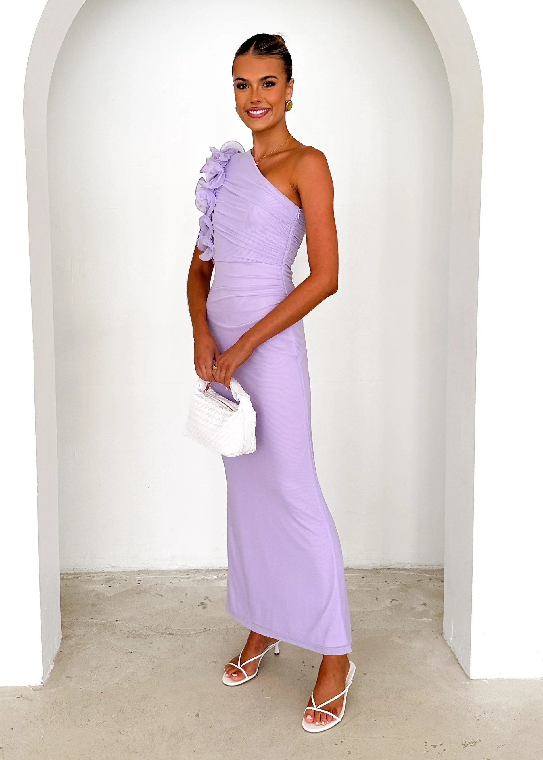 Oakes One Shoulder Mesh Maxi Dress - Lilac sold by Gingham & Heels product image thumbnail 5