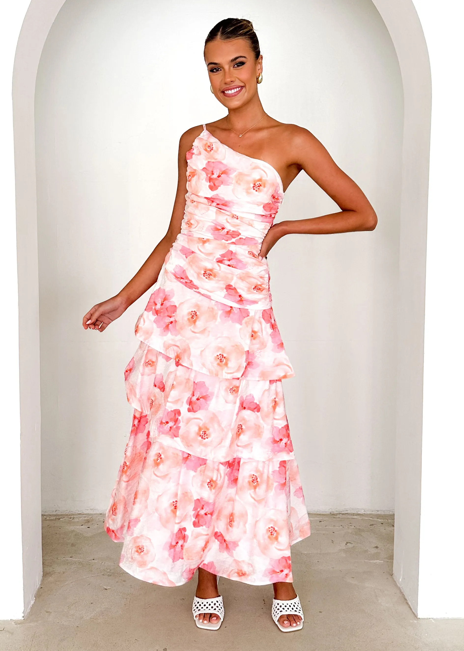 Aspra One Shoulder Midi Dress - Peach Watercolour sold by Gingham & Heels product image thumbnail 3