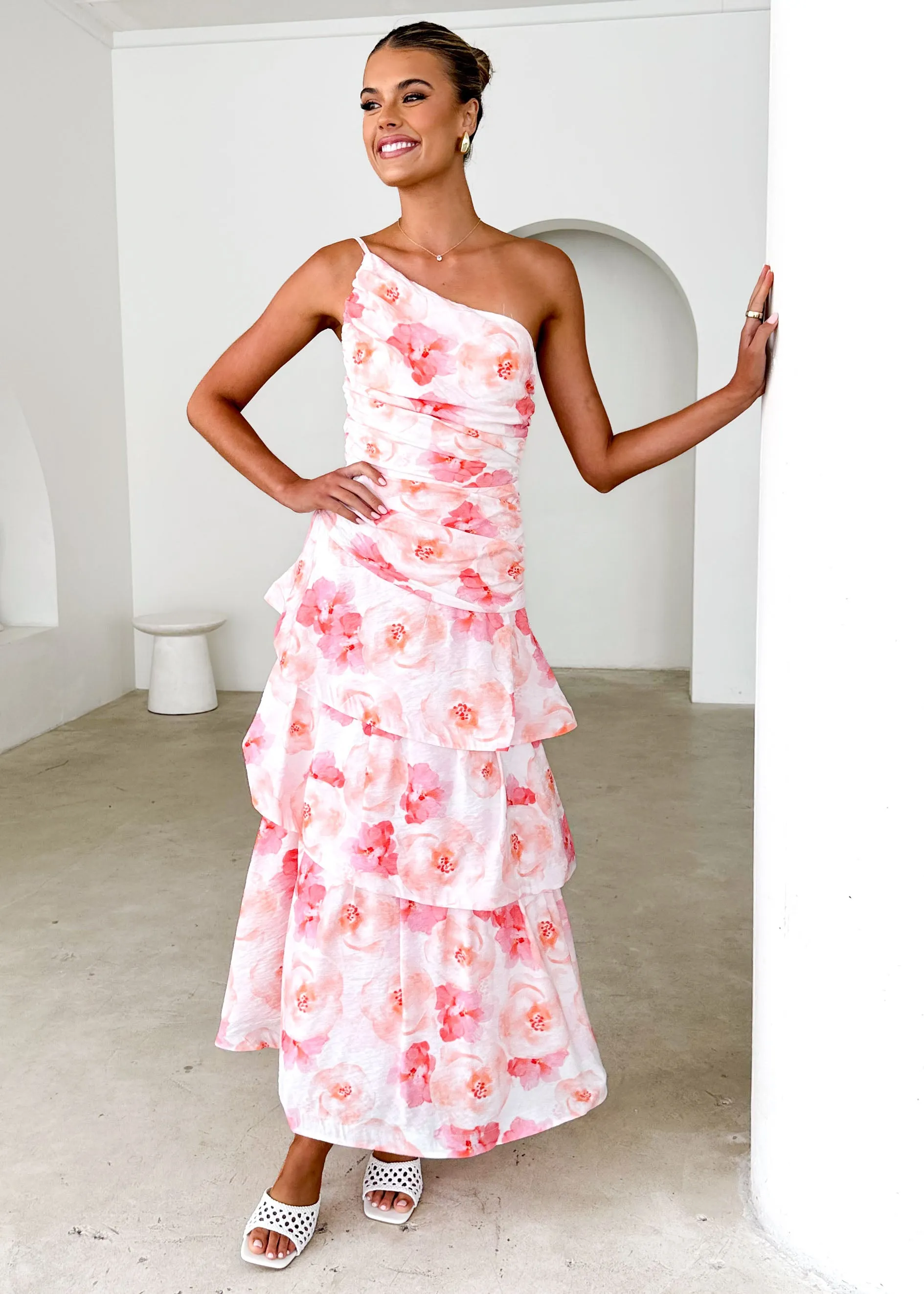 Aspra One Shoulder Midi Dress - Peach Watercolour sold by Gingham & Heels