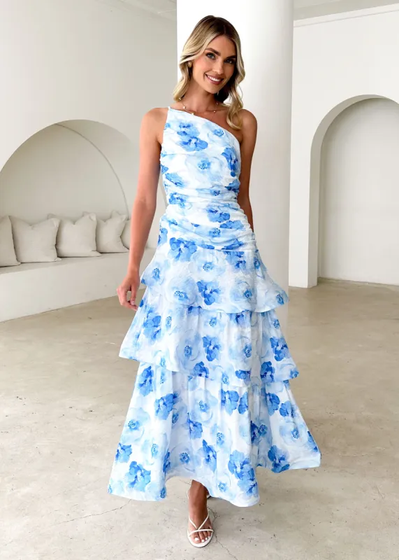 Aspra One Shoulder Midi Dress - Blue Flowers sold by Gingham & Heels