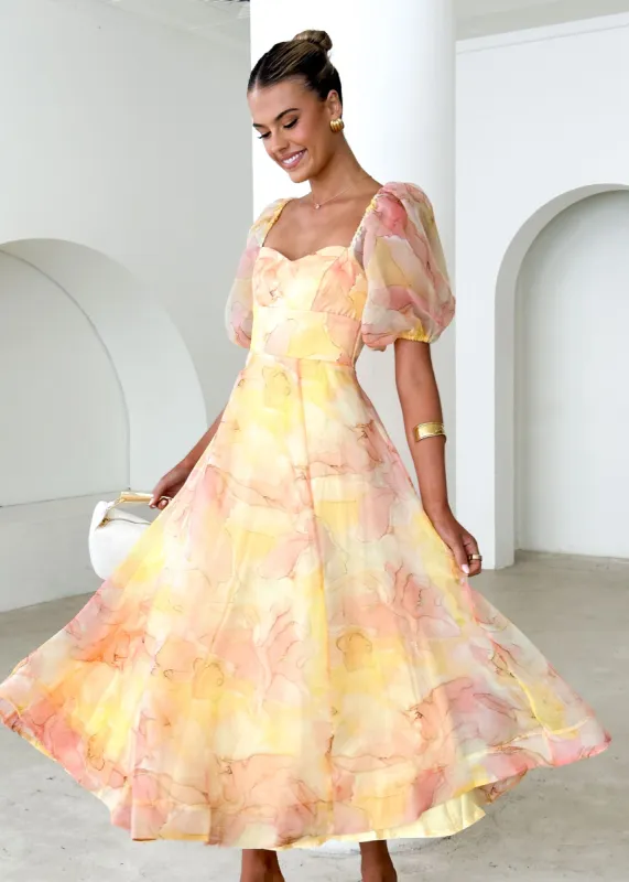 Paradisio Maxi Dress - Lemon Watercolour sold by Gingham & Heels