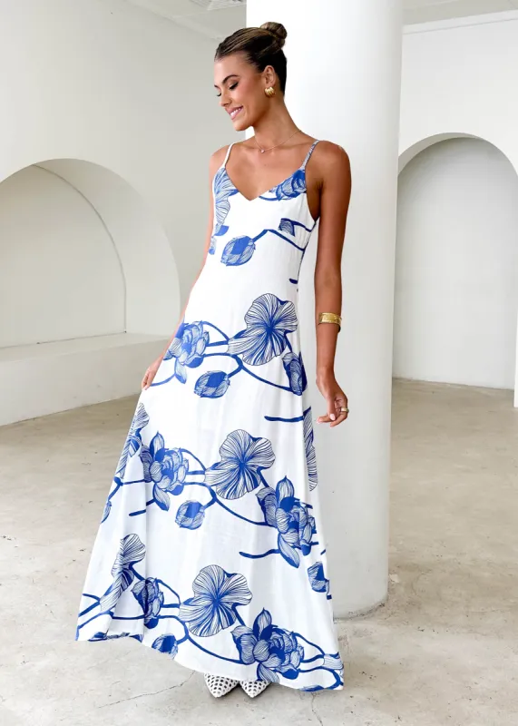 Mackenzie Maxi Dress - Blue Flowers sold by Gingham & Heels