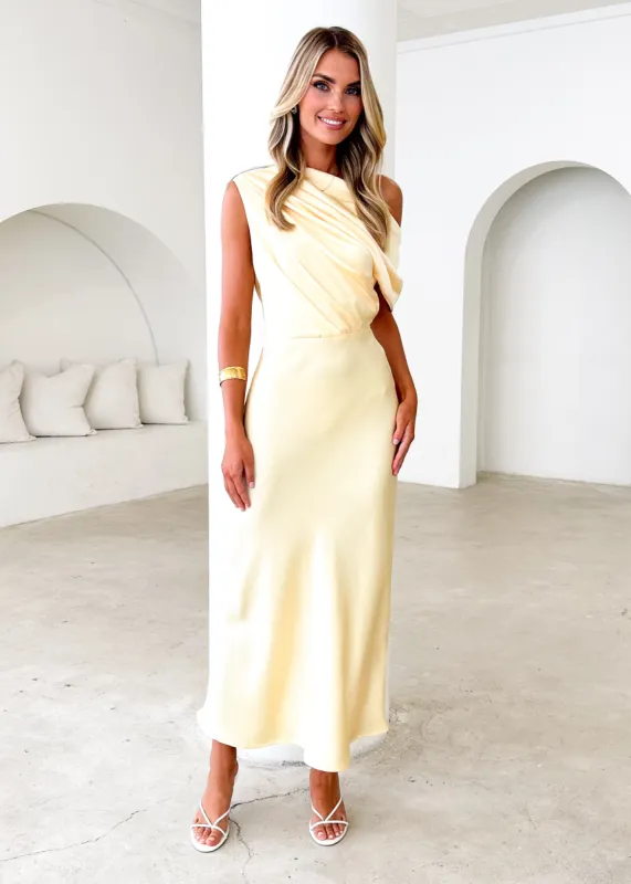 Daliah One Shoulder Maxi Dress - Lemon sold by Gingham & Heels