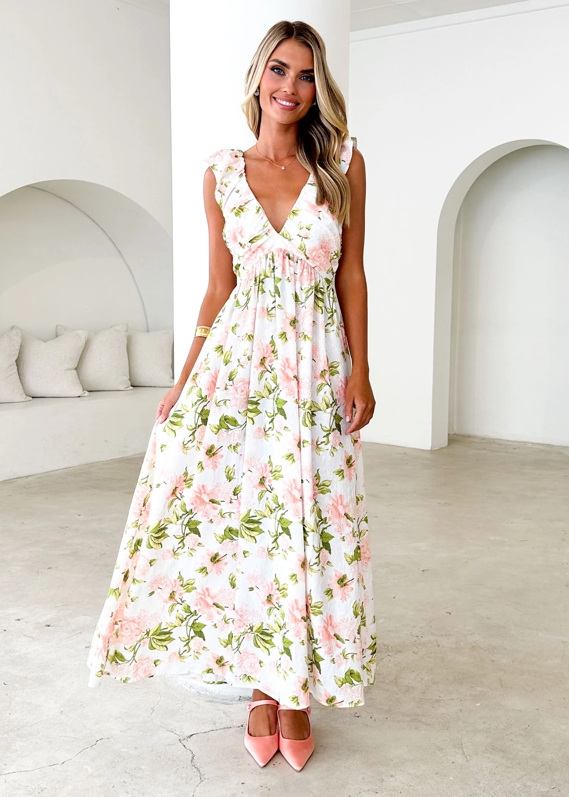 Hadley Maxi Dress - Peach Floral sold by Gingham & Heels