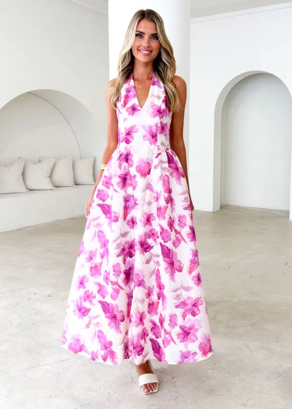 Faithless Halter Maxi Dress - Pink Flowers sold by Gingham & Heels