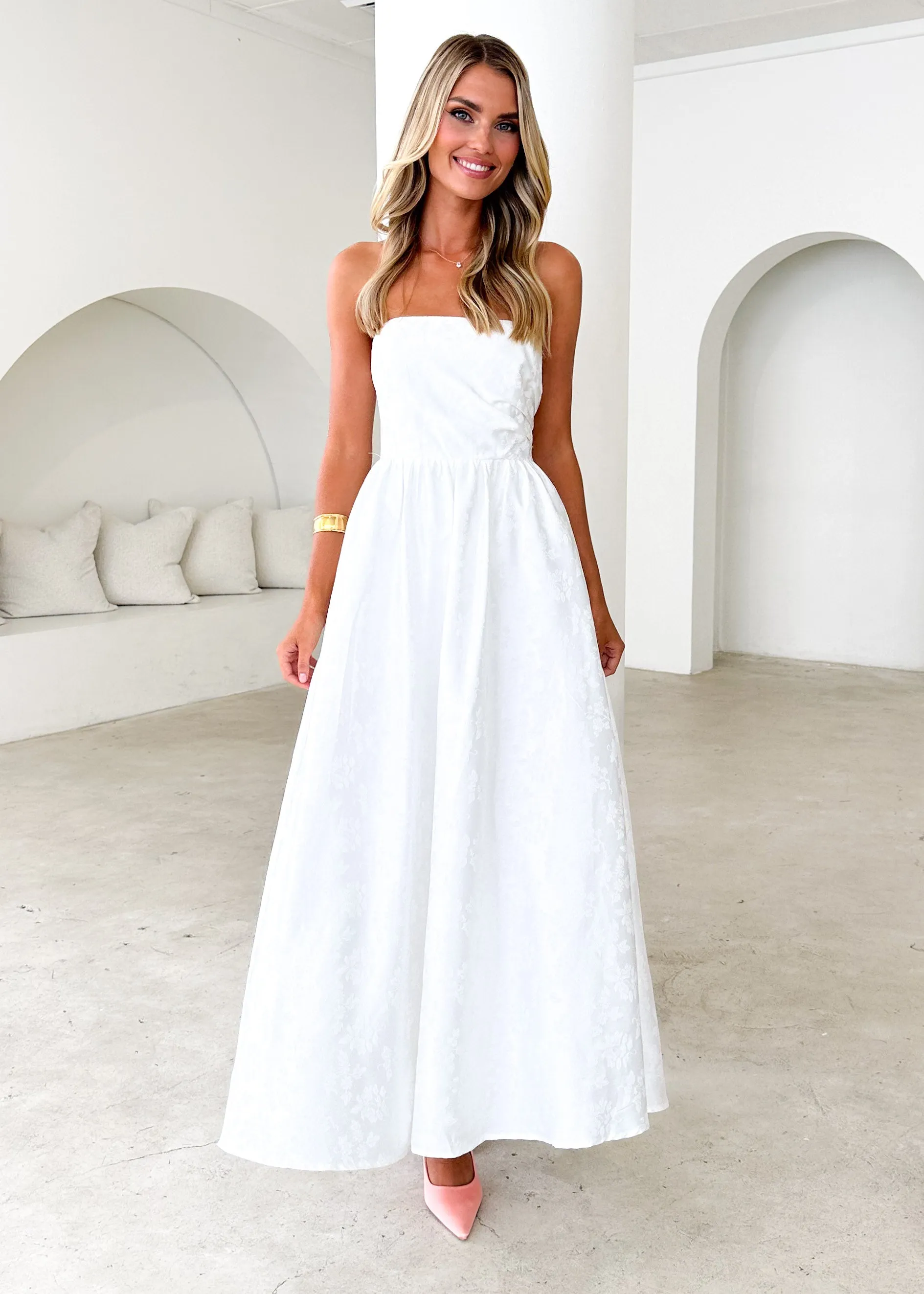 Laneway Strapless Maxi Dress - Off White sold by Gingham & Heels