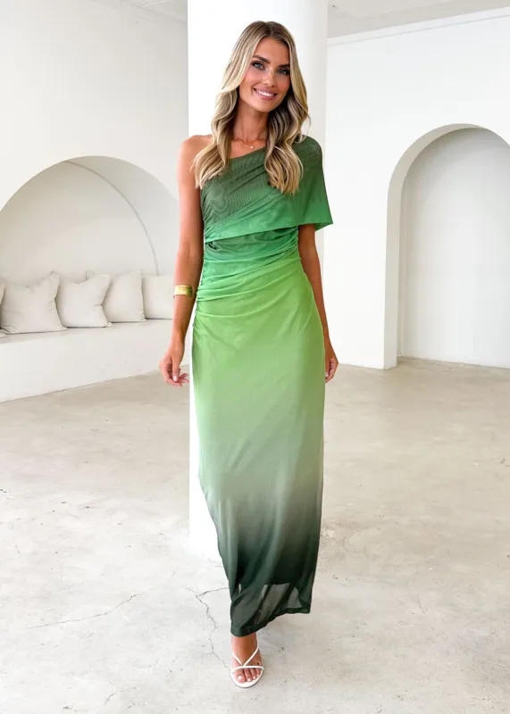 Leia One Shoulder Mesh Maxi Dress - Green Ombre sold by Gingham & Heels