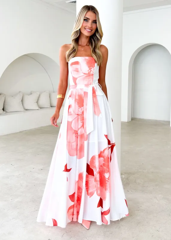 Jorgia Strapless Maxi Dress - Pink Floral sold by Gingham & Heels