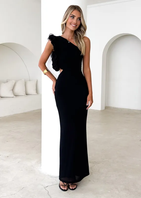 Oakes One Shoulder Mesh Maxi Dress - Black sold by Gingham & Heels