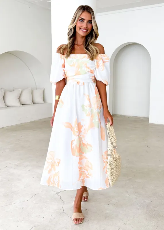 Pollen Midi Dress - Peach Floral sold by Gingham & Heels