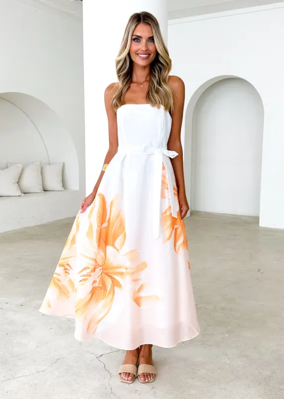Naya Strapless Midi Dress - Peach Floral sold by Gingham & Heels