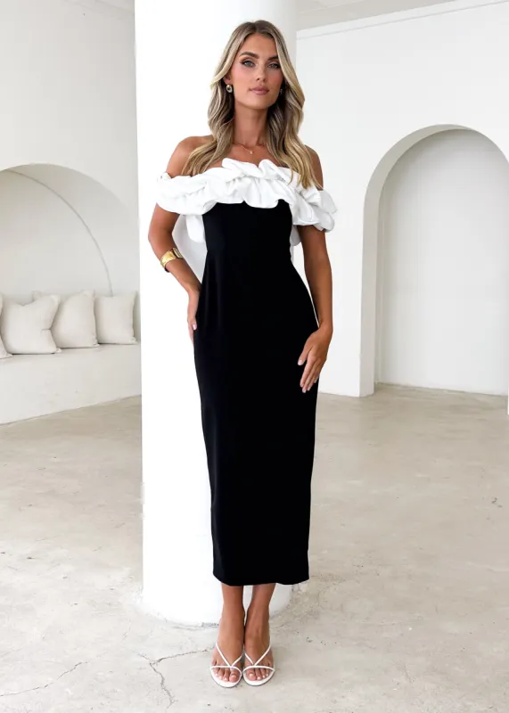 Ashlynn Off Shoulder Midi Dress - Black Splice sold by Gingham & Heels